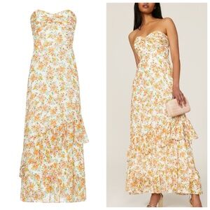 Shoshanna Remy Yellow Floral Ruffle Sweetheart Strapless Dress - Size 6